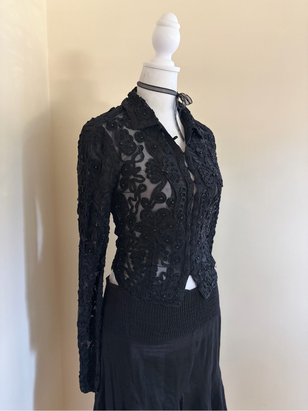 Vintage Y2K Cache beaded embroidered lace formal black blouse goth European M - Picture 7 of 11